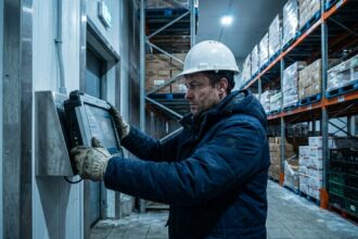Technicien installant un poste informatique industriel dans un entrepôt frigorifique avec condensation visible