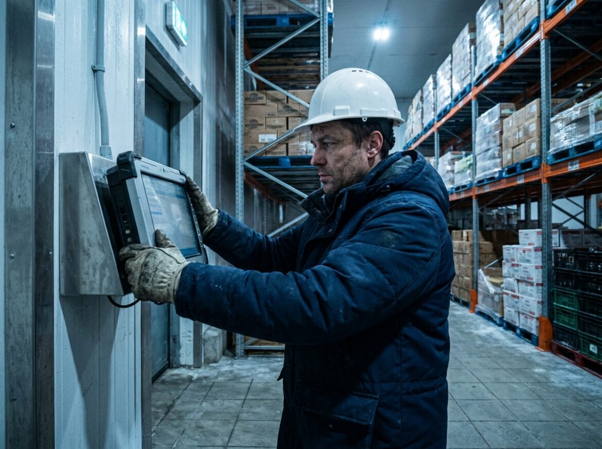 Technicien installant un poste informatique industriel dans un entrepôt frigorifique avec condensation visible