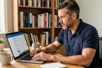 Homme consultant un écran d'installation de Windows 7 sur un bureau en bois dans un bureau à domicile