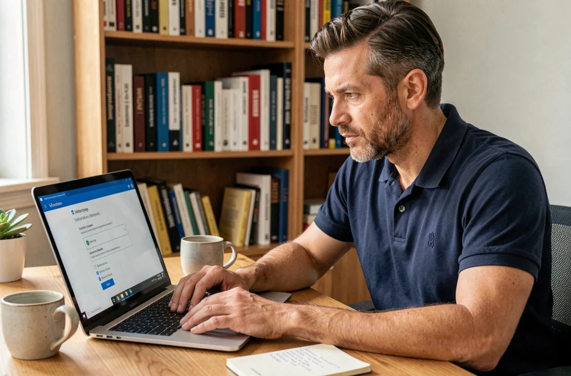 Homme consultant un écran d'installation de Windows 7 sur un bureau en bois dans un bureau à domicile