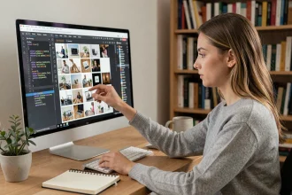 Développeuse web intégrant des images dans un éditeur HTML sur un grand écran d'ordinateur de bureau