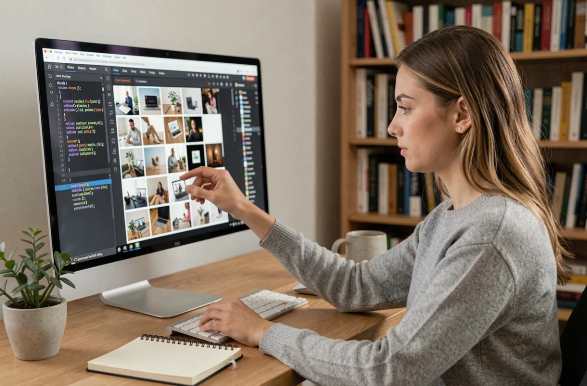 Développeuse web intégrant des images dans un éditeur HTML sur un grand écran d'ordinateur de bureau