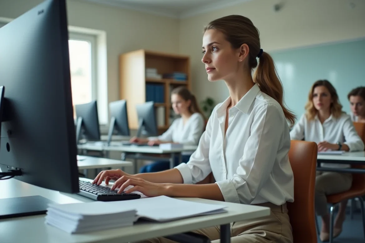 Jeune enseignante rédigeant un email sur le webmail académique dans une salle de classe vide
