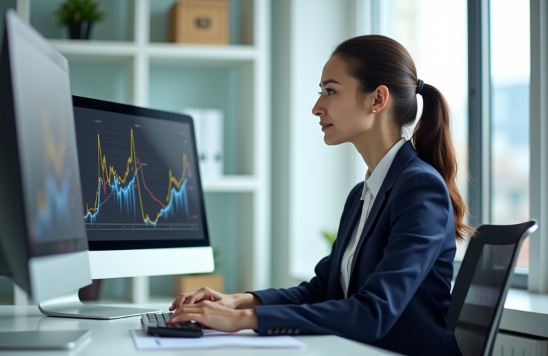 Jeune femme d'affaires en bureau moderne analysant un graphique