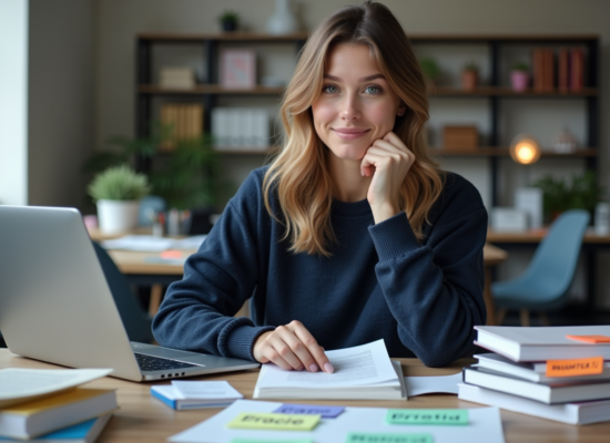 Jeune femme au bureau avec livres et notes sur frameworks