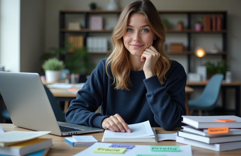 Jeune femme au bureau avec livres et notes sur frameworks
