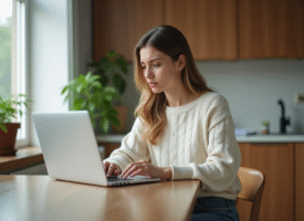 Jeune femme concentrée utilisant un ordinateur dans sa cuisine