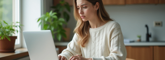 Jeune femme concentrée utilisant un ordinateur dans sa cuisine