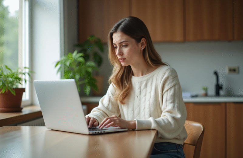 Jeune femme concentrée utilisant un ordinateur dans sa cuisine