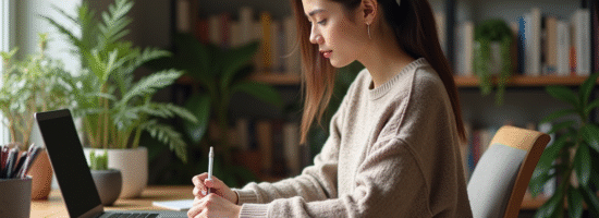 Jeune femme en bureau à domicile transcrivant audio sur ordinateur