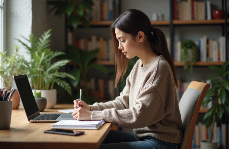 Jeune femme en bureau à domicile transcrivant audio sur ordinateur