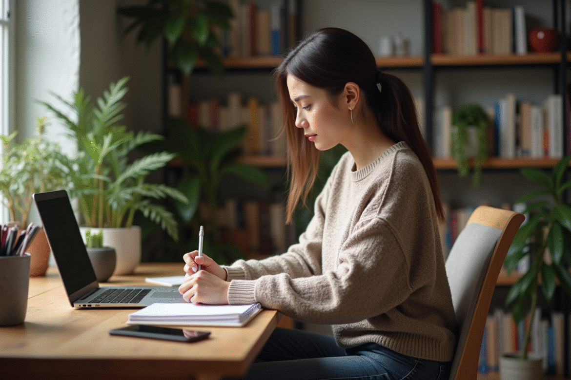 Jeune femme en bureau à domicile transcrivant audio sur ordinateur