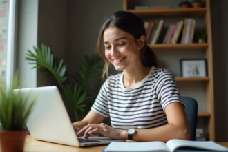 Jeune femme au homeoffice travaillant sur son ordinateur portable