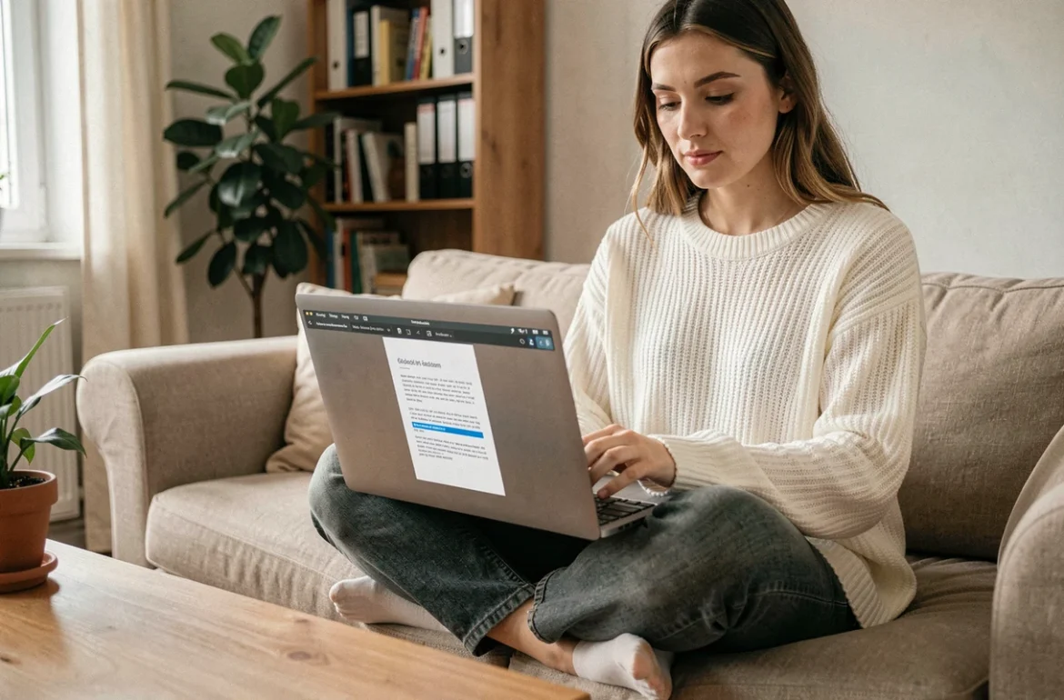 Jeune femme travaillant sur un laptop dans un salon, consultant un document PDF rendu cherchable grâce à l'OCR