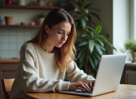 Jeune femme regardant son ordinateur dans une cuisine chaleureuse