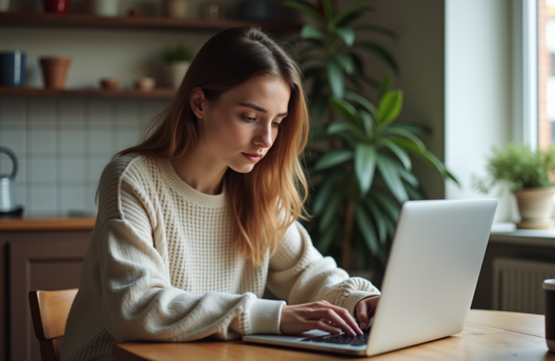 Jeune femme regardant son ordinateur dans une cuisine chaleureuse