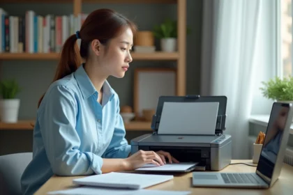 Jeune femme utilisant un scanner dans un bureau à domicile