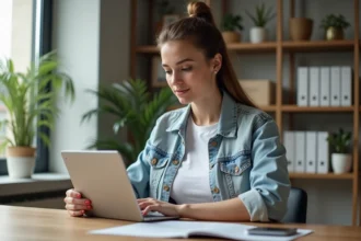 Jeune femme en denim vérifiant des actualités tech dans un bureau