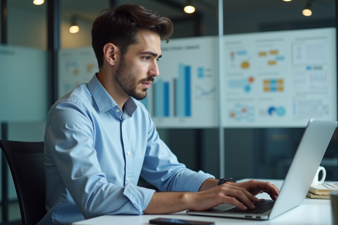 Jeune homme au bureau examine un graphique sur son ordinateur