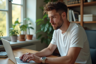 Jeune homme en bureau moderne utilisant un ordinateur portable