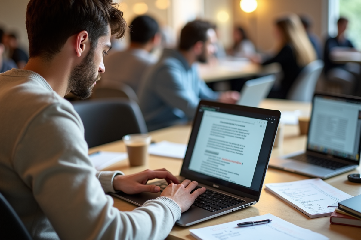 Jeune homme examine du texte sur son ordinateur portable