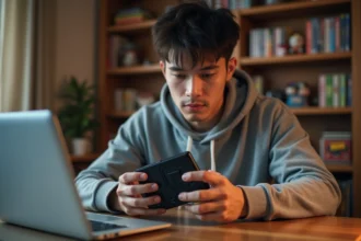 Jeune homme tenant une console Game Boy Advance SP et inspectant une cartouche Pokémon dans une chambre gaming