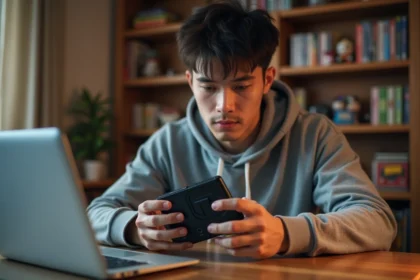 Jeune homme tenant une console Game Boy Advance SP et inspectant une cartouche Pokémon dans une chambre gaming