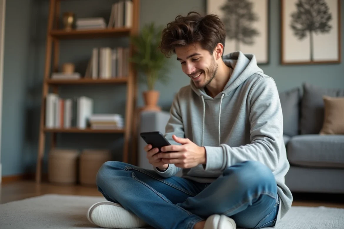 Jeune homme jouant à un jeu mobile dans un salon cosy