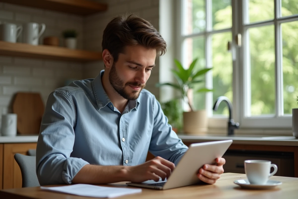 Jeune homme vérifiant ses emails dans la cuisine