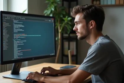 Jeune homme face à un écran d'ordinateur avec erreur