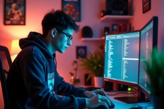 Jeune homme en hoodie regardant un écran de serveur gaming