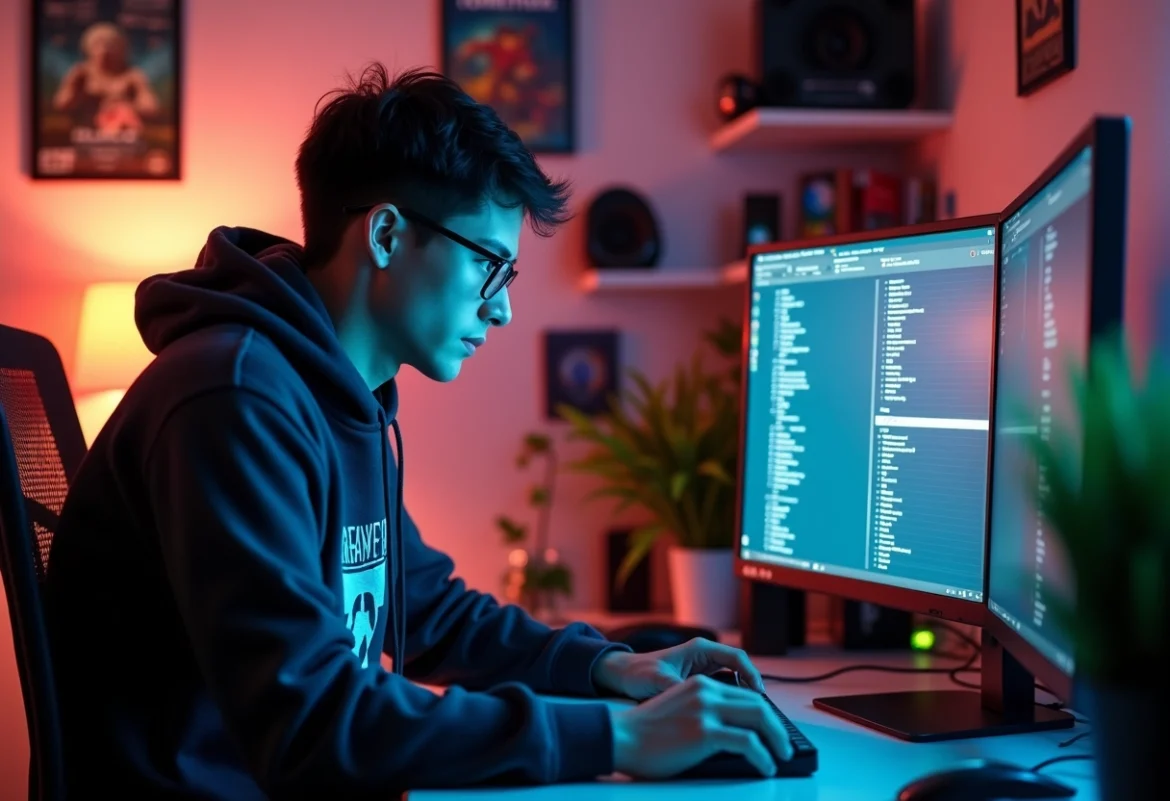 Jeune homme en hoodie regardant un écran de serveur gaming