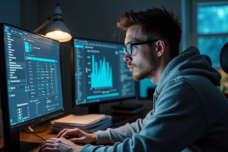 Jeune homme en hoodie examine graphiques CPU sur écran