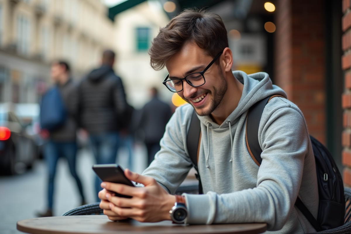 Jeune homme utilisant son smartphone en extérieur