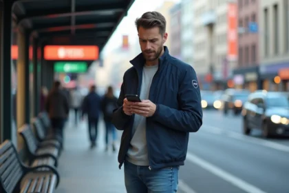 Jeune homme en ville regardant son smartphone