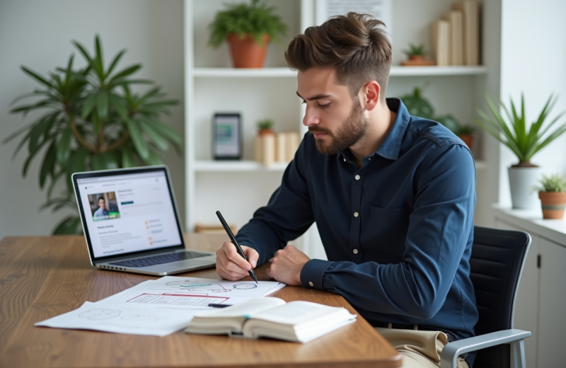 Jeune homme en bureau esquissant une structure web