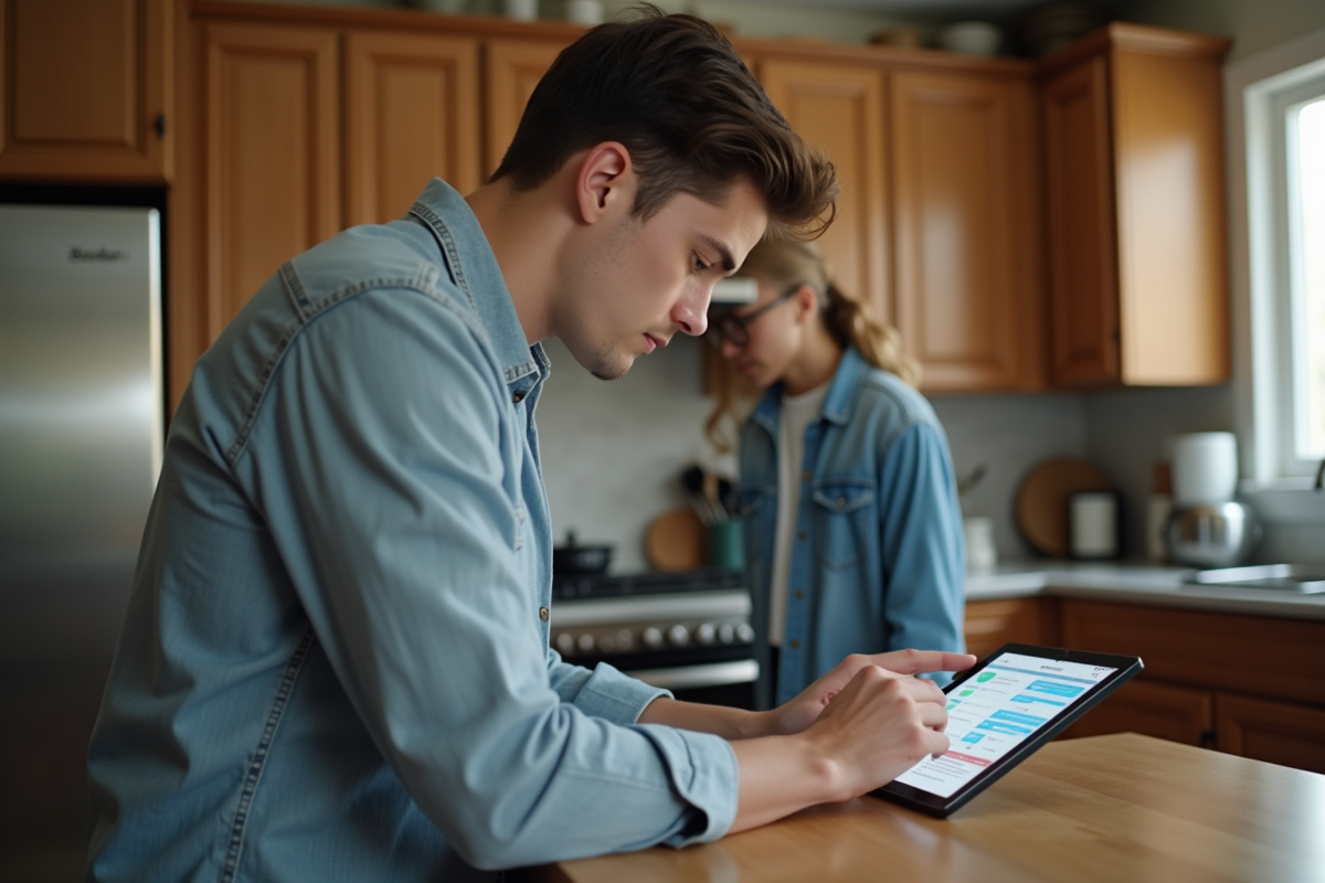 Jeune homme vérifiant une tâche sur sa tablette à la maison