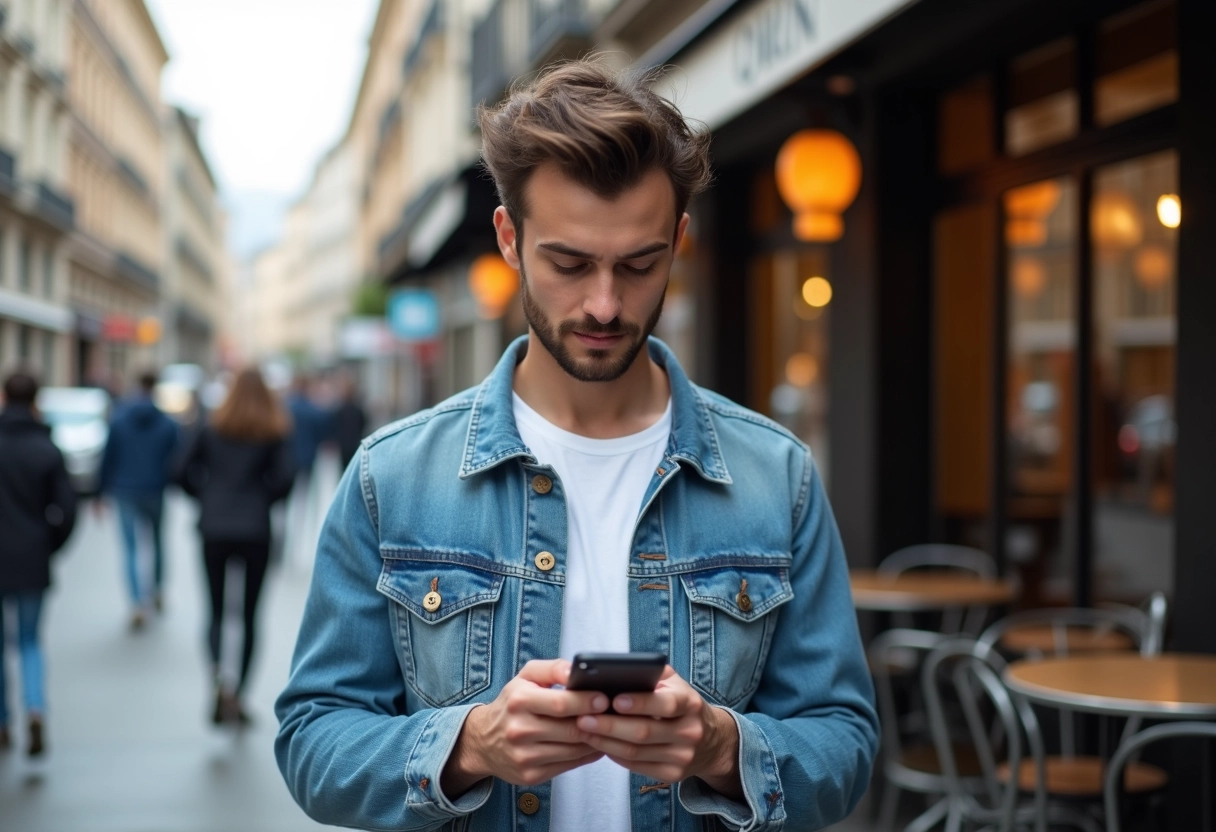 Jeune homme dehors près d un café utilisant son smartphone