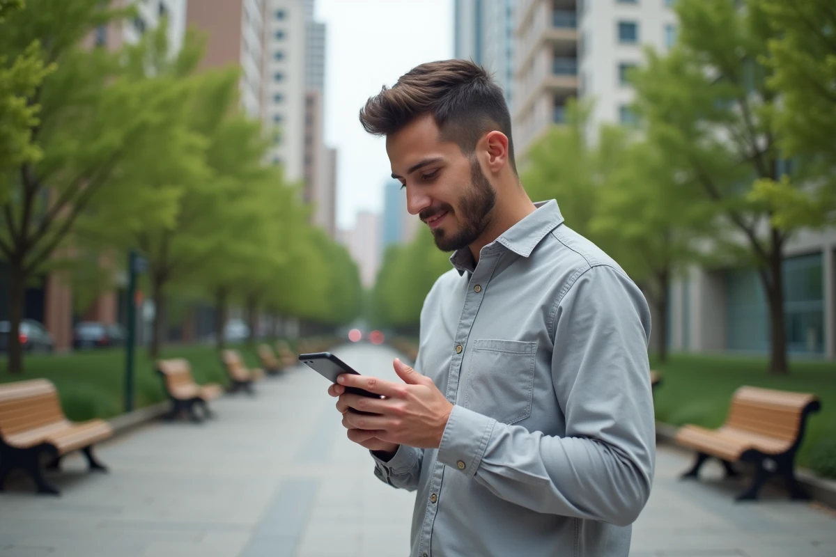 Jeune homme utilisant son iPhone dans un parc urbain