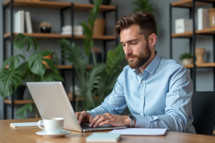 Jeune homme au bureau travaillant sur son ordinateur