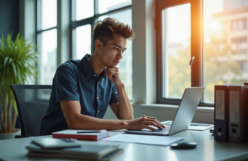 Jeune professionnel au bureau lumineux et organisé