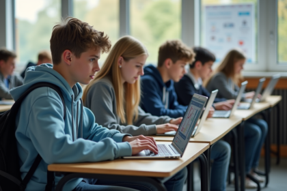 Groupe d'élèves adolescents en classe avec ordinateurs