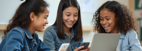 Trois lycéens utilisant ordinateurs dans salle moderne