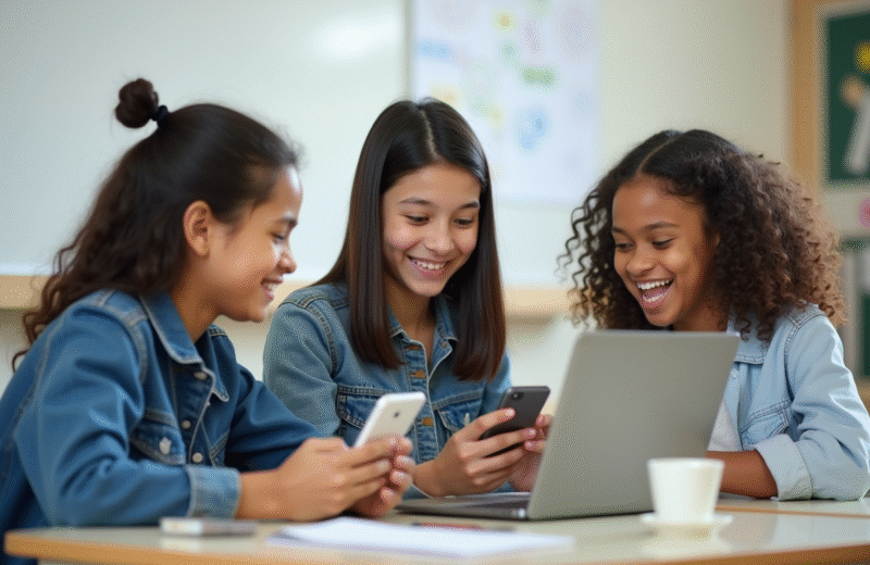 Trois lycéens utilisant ordinateurs dans salle moderne