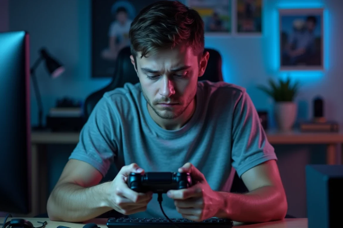 Joueur inspectant sa manette PS4 avec inquiétude après avoir détecté des signes de surchauffe du chargeur