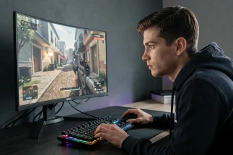 Joueur PC concentré devant un écran 24 pouces lors d'une session gaming à son bureau