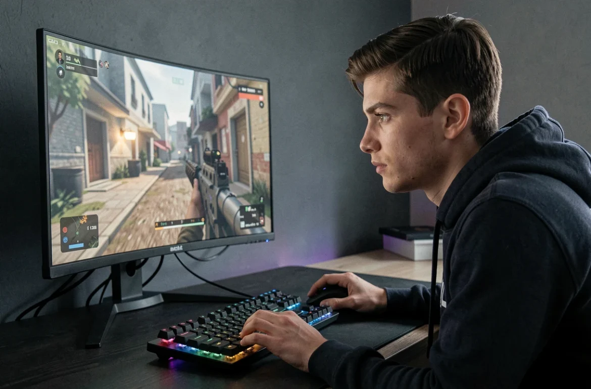 Joueur PC concentré devant un écran 24 pouces lors d'une session gaming à son bureau