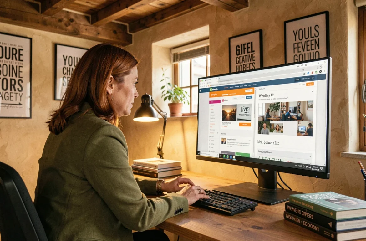 Consultante de l'agence Les Mots-Clés R.O.I à Tours comparant une boutique Shopify et un site WordPress