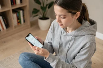 Jeune femme lisant un PDF sur son smartphone Android, assise sur un parquet moderne dans un appartement minimaliste