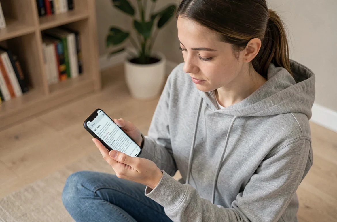 Jeune femme lisant un PDF sur son smartphone Android, assise sur un parquet moderne dans un appartement minimaliste